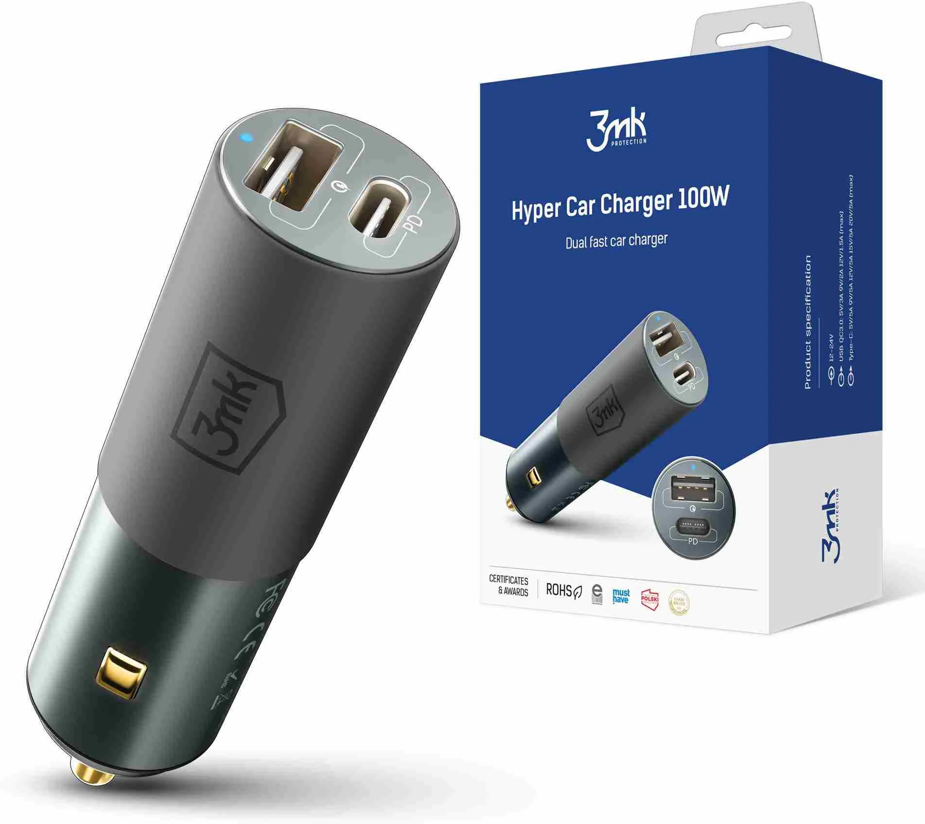 3mk nabíjačka do auta - Hyper nabíjačka do auta 100 W, 1x USB + 1x USB-C (PD)
