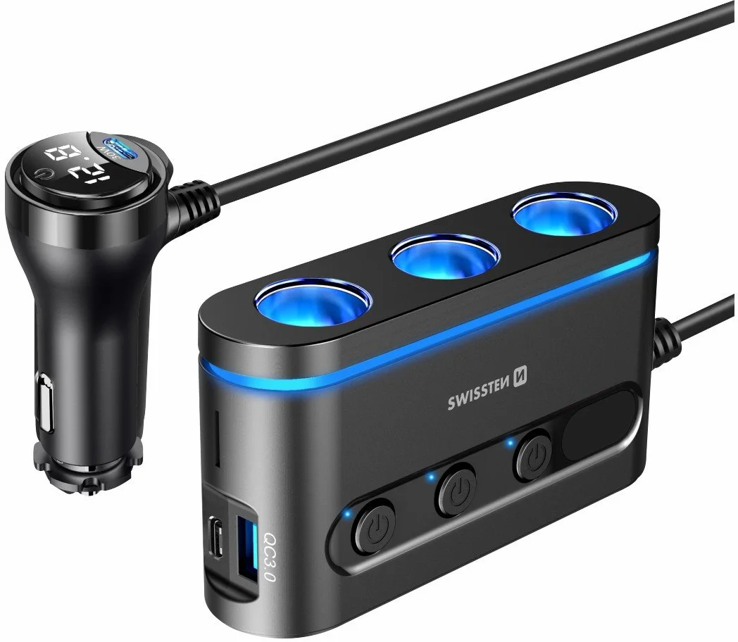 Adaptér do auta SWISSTEN 3x CL, 2x UCB-C PD a 1x USB-A QA 3.0, 108W - 216W