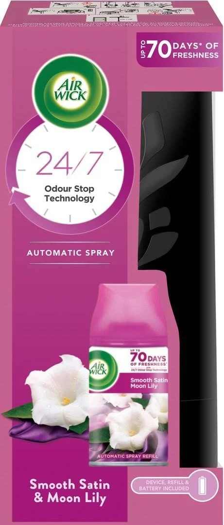 Air Wick Automatický Spray komplet Jemný satén a Mesačná ľalia 250 ml 5997321790121