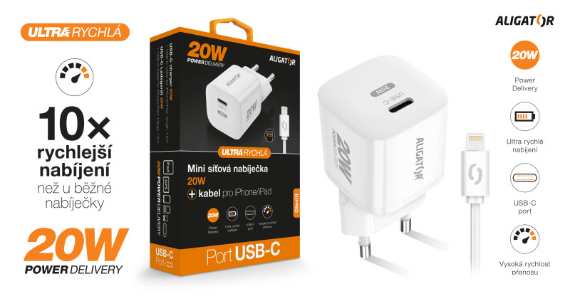 ALIGATOR Mini rýchlonabíjačka, PD 20W, USB-C/bleskový kábel, biela