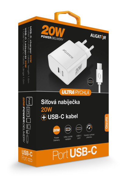 ALIGATOR PD 20W rýchlonabíjačka USB-C, kábel USB-C/USB-C, biela