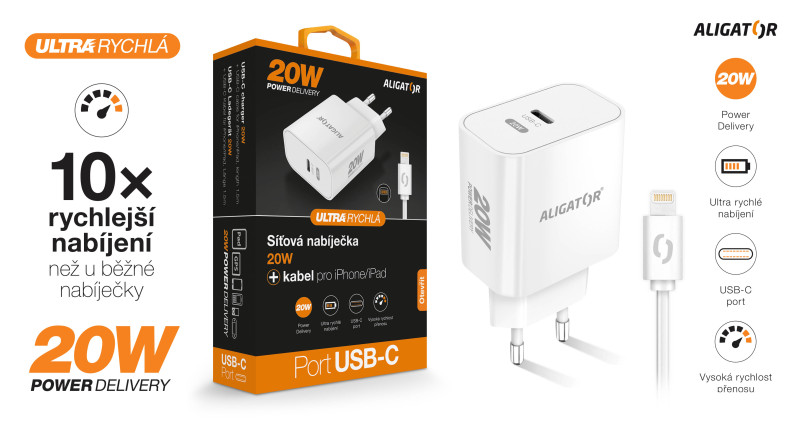 ALIGATOR PD 20W rýchlonabíjačka USB-C s káblom USB-C/Lightning (iPhone), biela