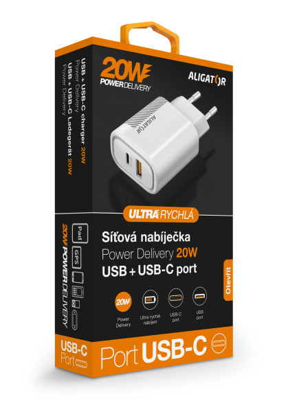 Aligator PD 20W rýchlonabíjačka USB-C + USB, biela