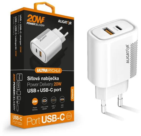 Aligator PD 20W rýchlonabíjačka USB-C + USB, biela