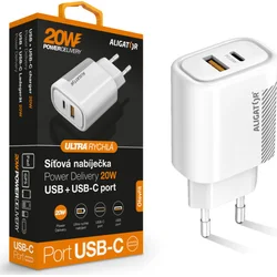 Aligator PD 20W rýchlonabíjačka USB-C + USB, biela