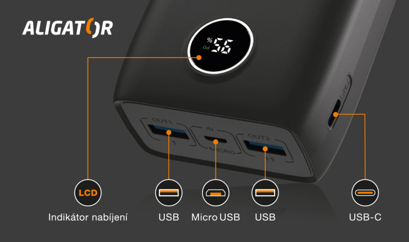 ALIGATOR Power Delivery 20W, 30 000 mAh, čierna