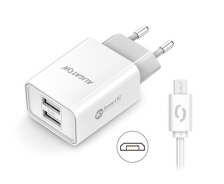 ALIGATOR síťová nabíječka MicroUSB 2xUSB výst. 2,4A, smart IC, bílá