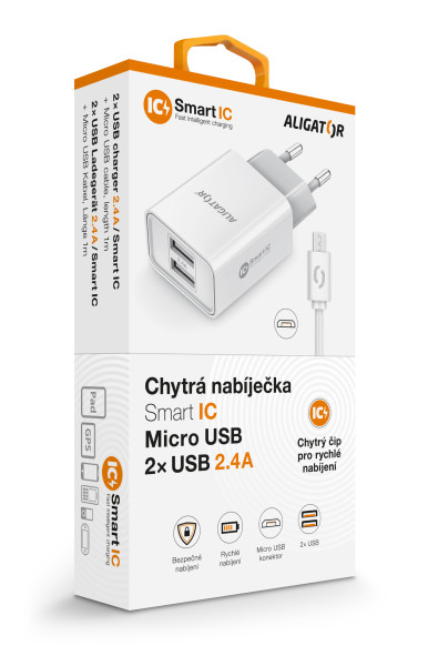 ALIGATOR síťová nabíječka MicroUSB 2xUSB výst. 2,4A, smart IC, bílá