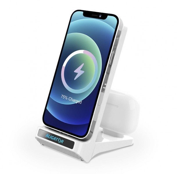 Aligator stojánek s bezdrátovým nabíjením 15W a USB-C konektorem, 2v1, bílý