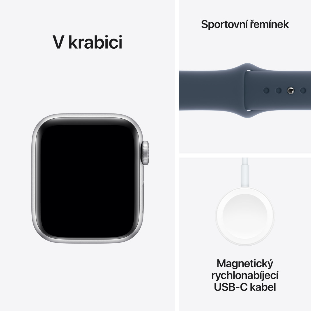 Apple Watch SE 40mm Stříbrný hliník s bouřkově modrým sportovním řemínkem - S/M