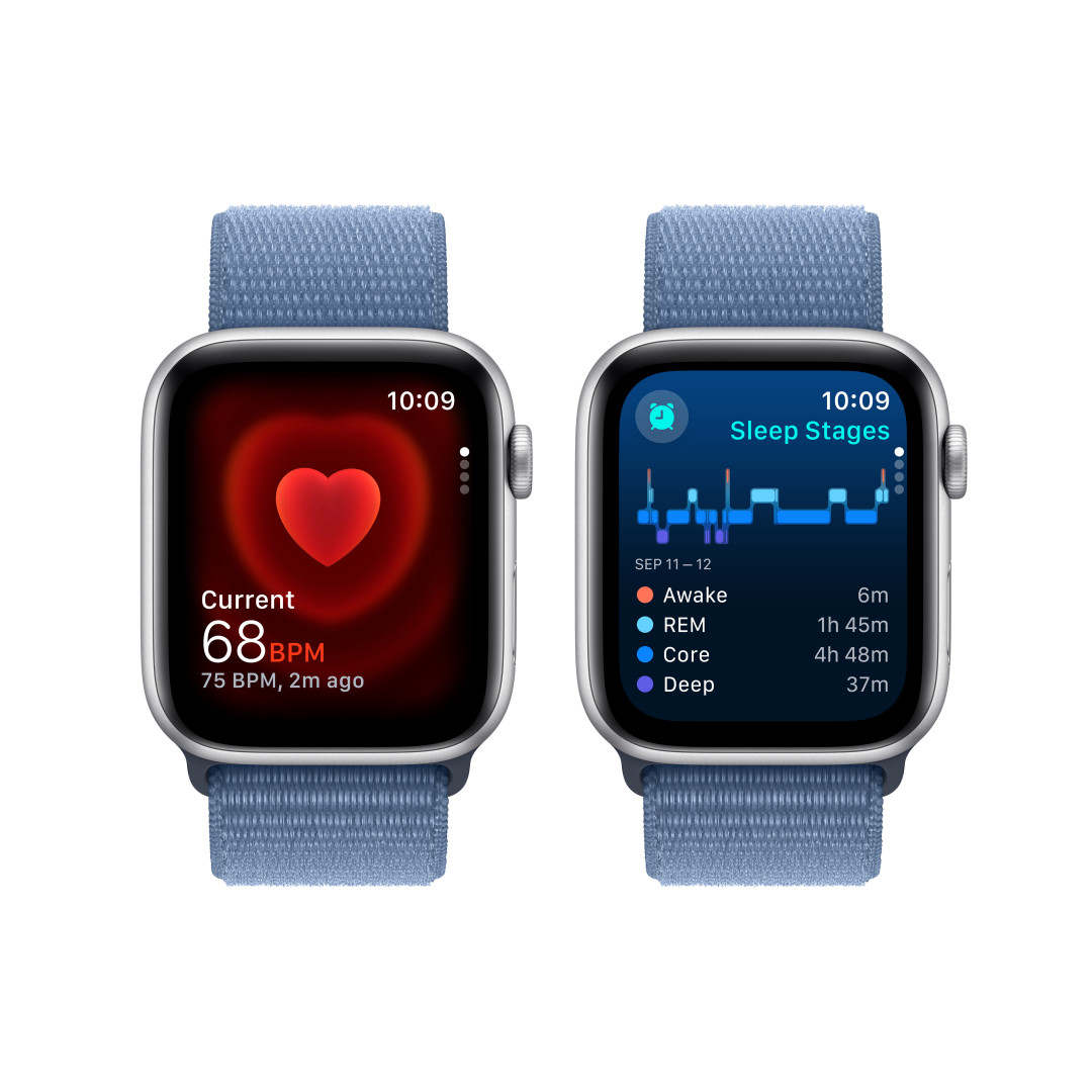Apple Watch SE 40mm Stříbrný hliník s ledově modrým provlékacím sportovním řemínkem