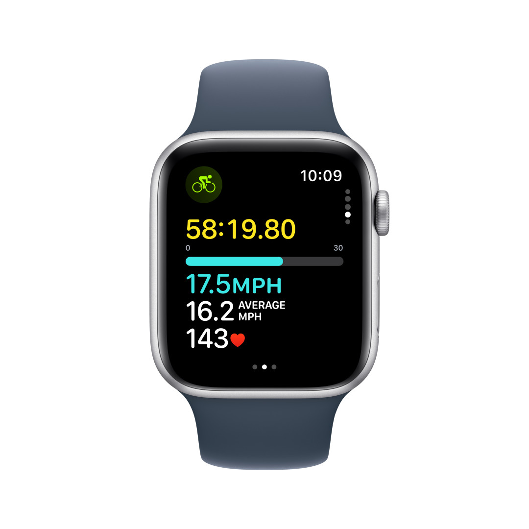 Apple Watch SE Cellular 44 mm Strieborný hliník s búrkovo modrým športovým remienkom - M/L