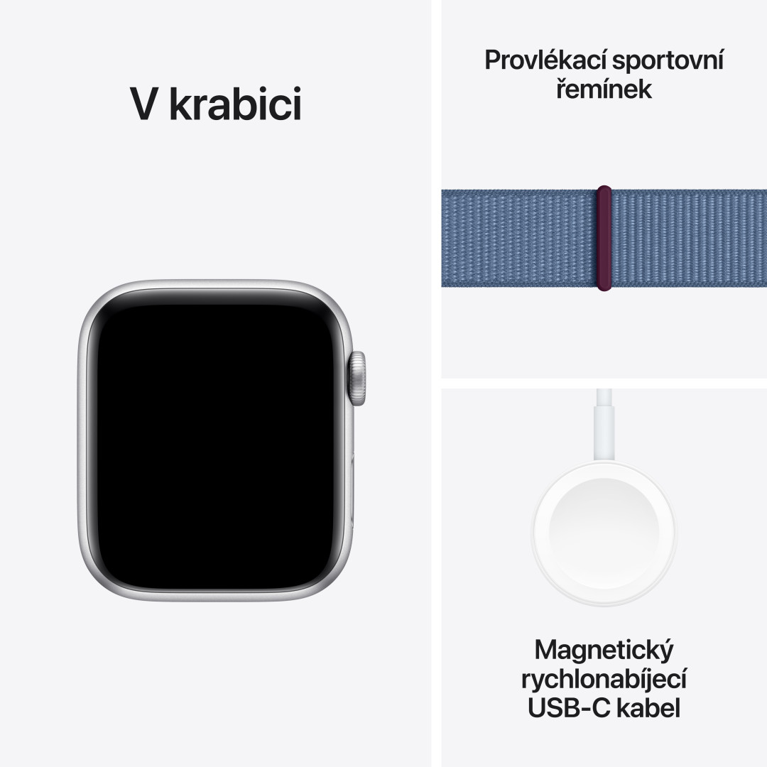 Apple Watch SE Cellular 44mm Stříbrný hliník s ledově modrým provlékacím sportovním řemínkem