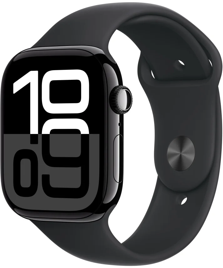 Apple Watch Series 10 GPS + Cellular 42mm Jet Black Aluminium Case with Black Sport Band - M/L (MWX73QC/A)