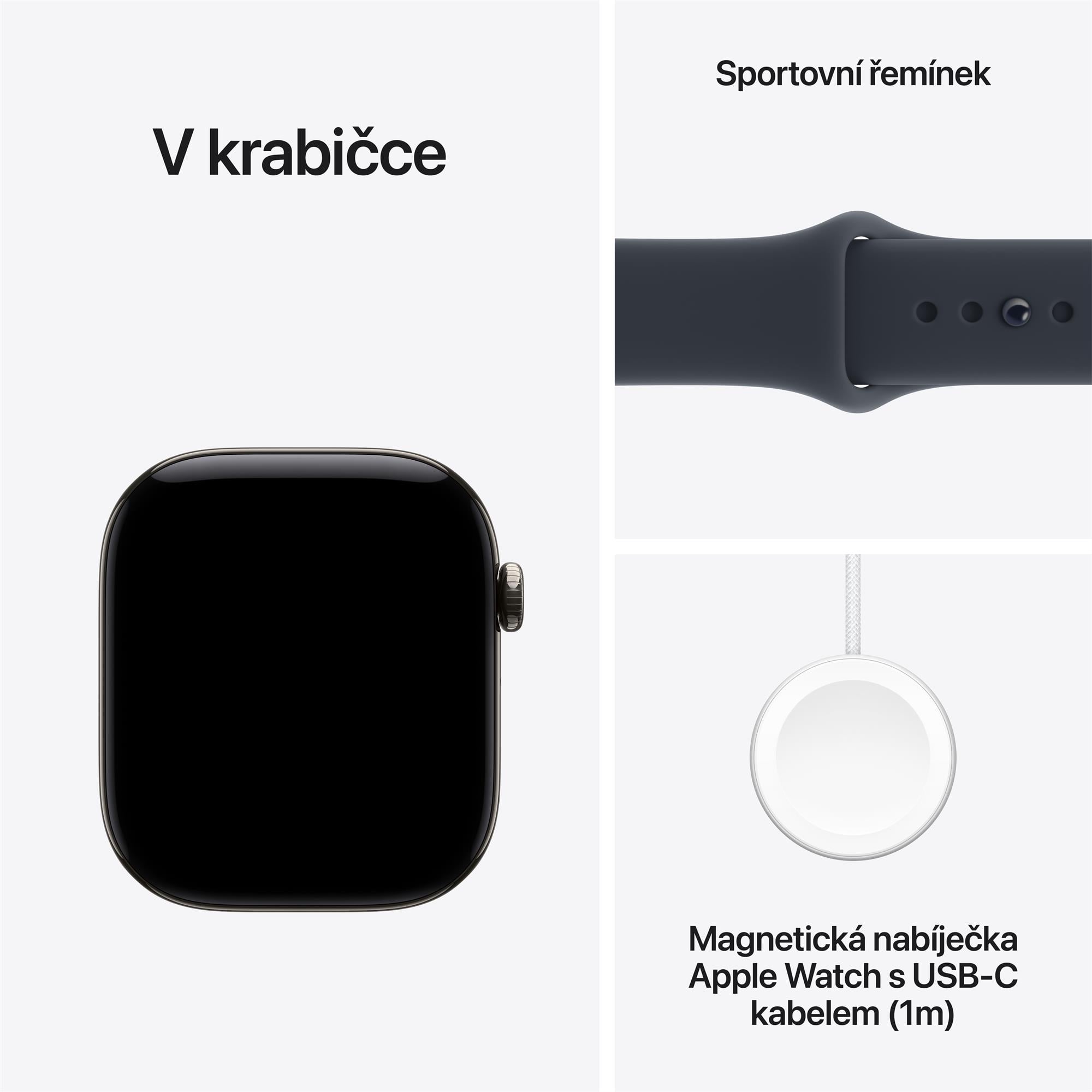 Apple Watch Series 12 GPS + Cellular 42 mm, puzdro z prírodného titánu s tmavomodrým športovým remienkom – M/L