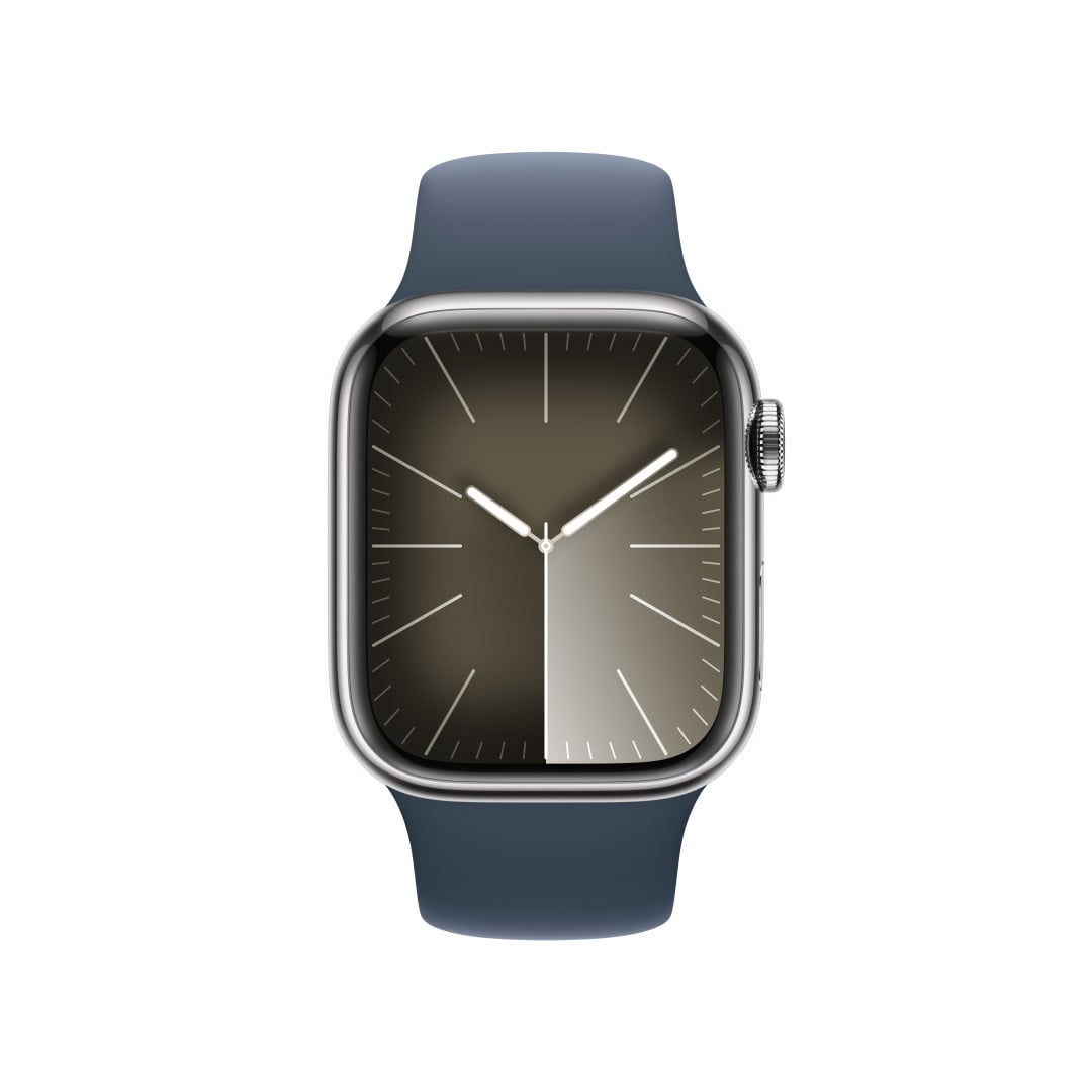 Apple Watch Series 9 41 mm Cellular Silver z nehrdzavejúcej ocele s ľadovo modrým športovým remienkom - S/M