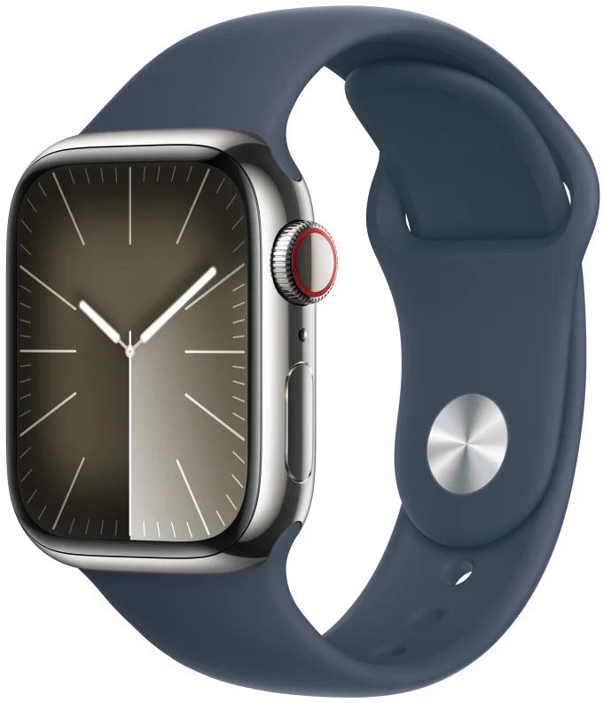 Apple Watch Series 9 41 mm Cellular Silver z nehrdzavejúcej ocele s ľadovo modrým športovým remienkom - S/M