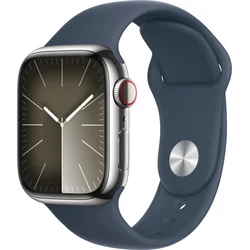 Apple Watch Series 9 41 mm Cellular Silver z nehrdzavejúcej ocele s ľadovo modrým športovým remienkom - S/M