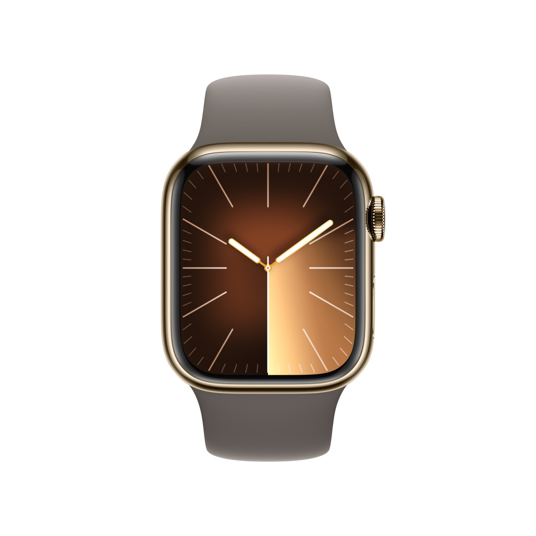 Apple Watch Series 9 41 mm Cellular Zlaté z nehrdzavejúcej ocele s hlineno-sivým športovým remienkom - S/M