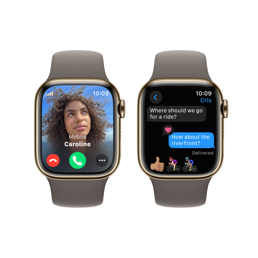 Apple Watch Series 9 41 mm Cellular Zlaté z nehrdzavejúcej ocele s hlineno-sivým športovým remienkom - S/M