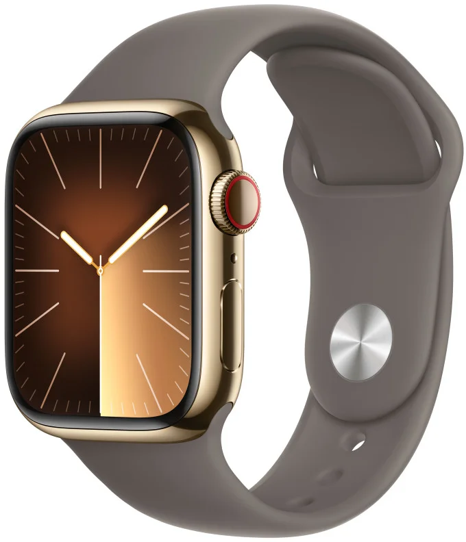 Apple Watch Series 9 41 mm Cellular Zlaté z nehrdzavejúcej ocele s hlineno-sivým športovým remienkom - S/M