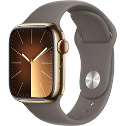 Apple Watch Series 9 41 mm Cellular Zlaté z nehrdzavejúcej ocele s hlineno-sivým športovým remienkom - S/M