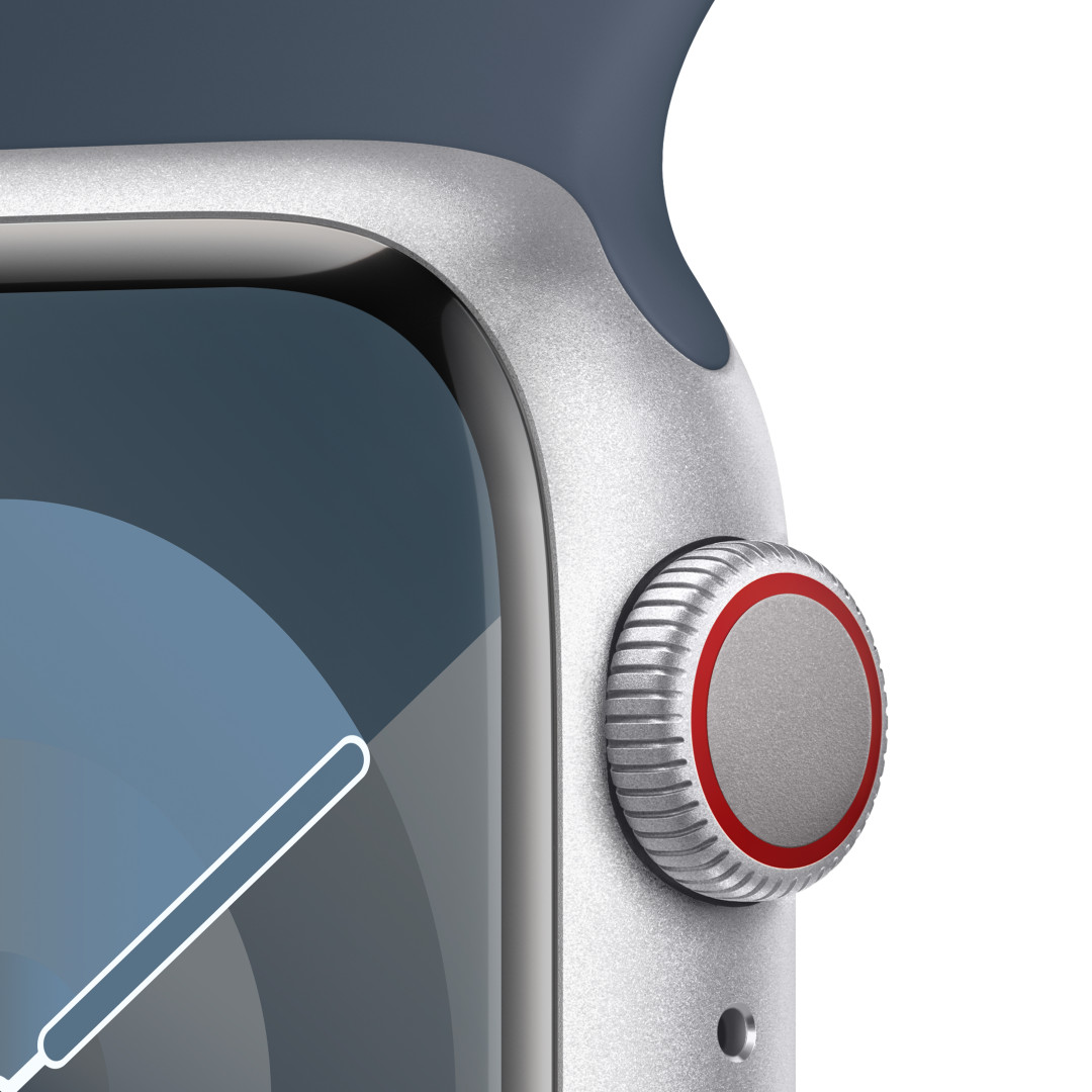 Apple Watch Series 9 41mm Cellular Stříbrný hliník s ledově modrým sportovním řemínkem - S/M