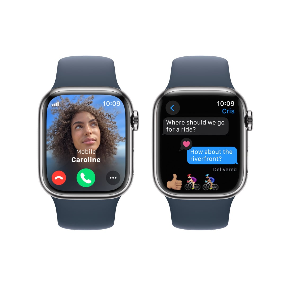 Apple Watch Series 9 41mm Cellular Stříbrný nerez s ledově modrým sportovním řemínkem - M/L