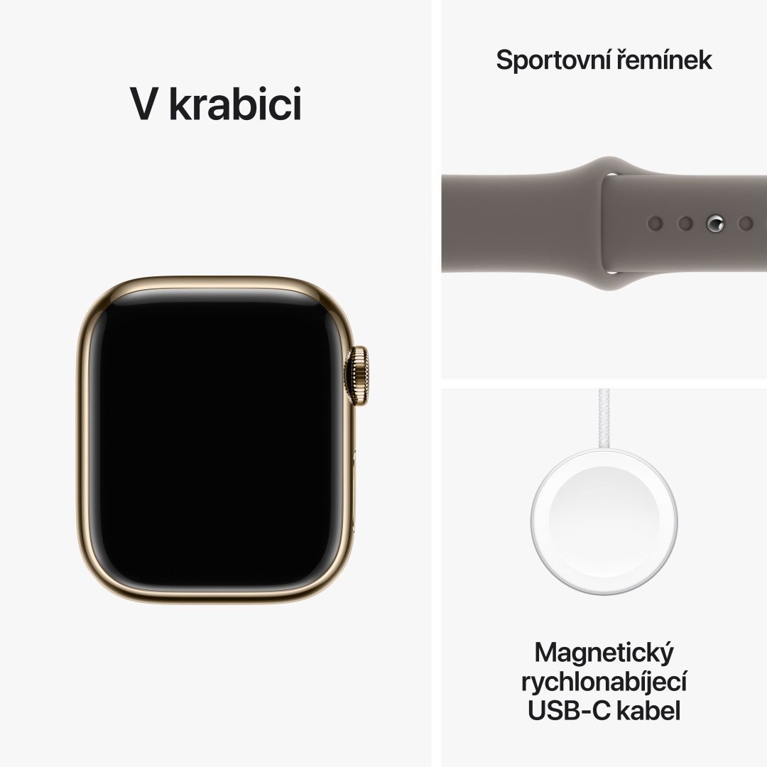 Apple Watch Series 9 41mm Cellular Zlatý nerez s jílově šedým sportovním řemínkem - M/L