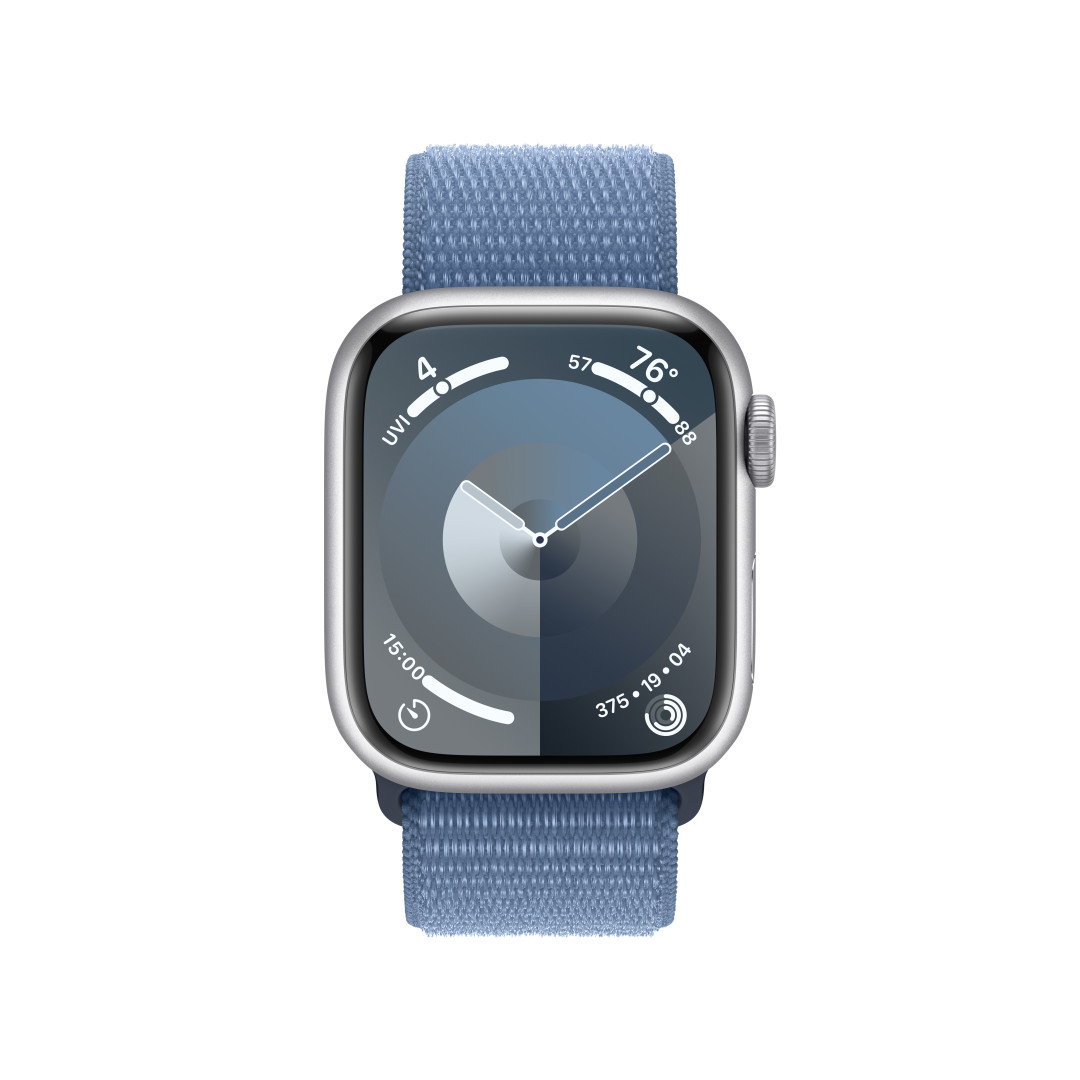Apple Watch Series 9 41mm Stříbrný hliník s ledově modrým provlékacím sportovním řemínkem