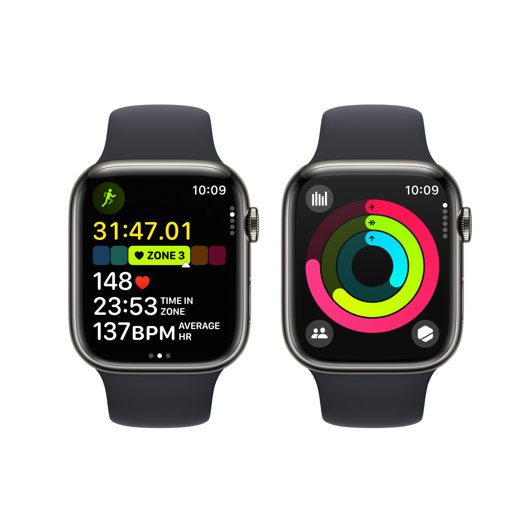 Apple Watch Series 9 45 mm Cellular Graphite Grey z nehrdzavejúcej ocele s tmavým atramentovým športovým remienkom - M/L