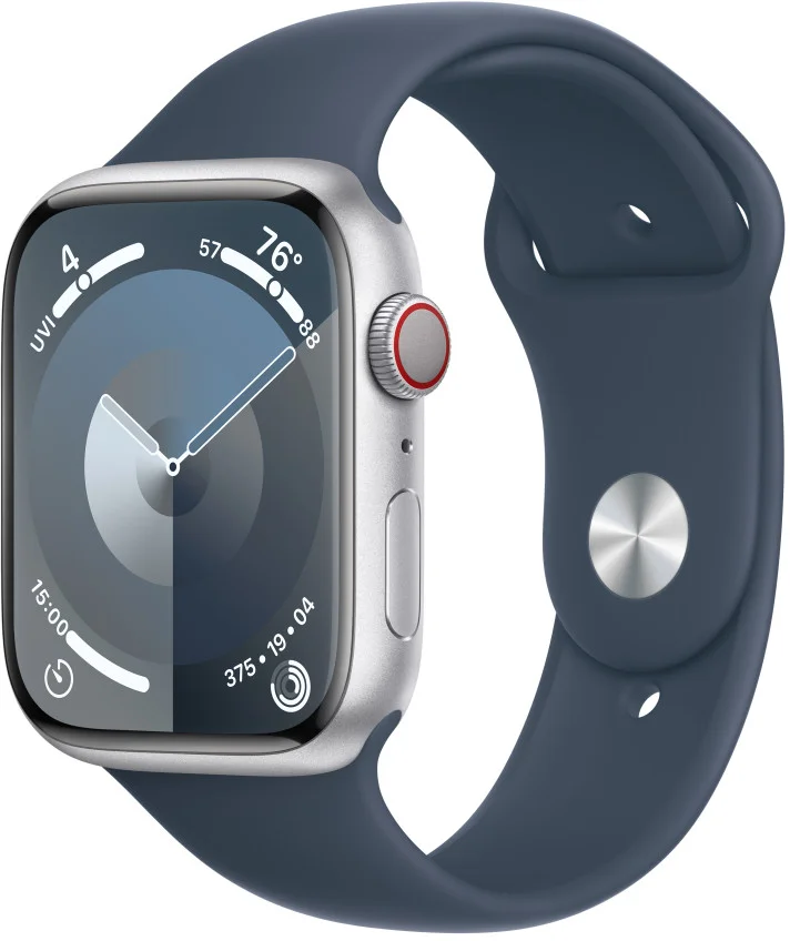 Apple Watch Series 9 45mm Cellular Stříbrný hliník s ledově modrým sportovním řemínkem - M/L