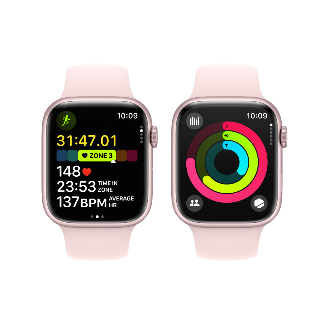 Apple Watch Series 9 45mm Růžový hliník se světle růžovým sportovním řemínkem - M/L