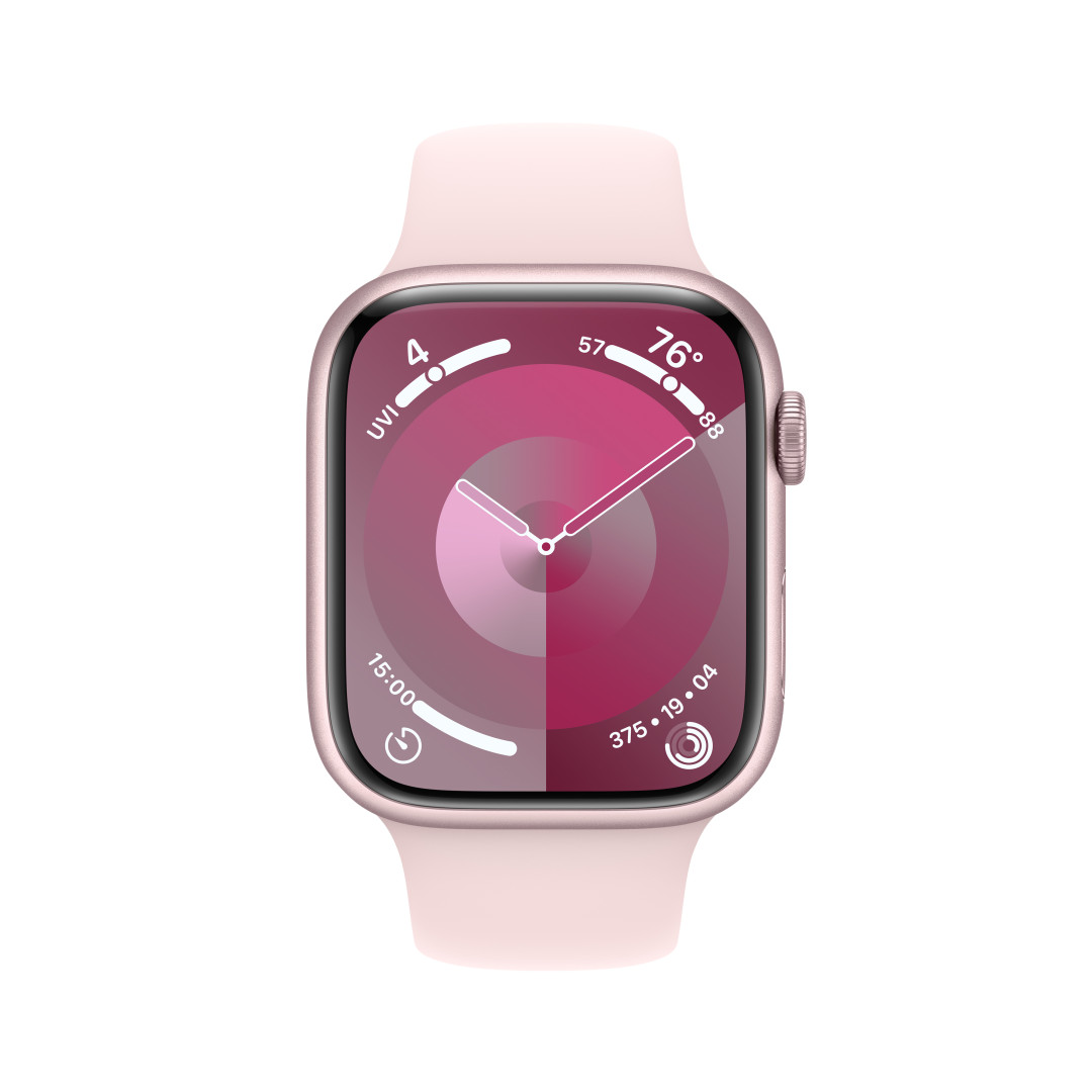 Apple Watch Series 9 45mm Růžový hliník se světle růžovým sportovním řemínkem - S/M