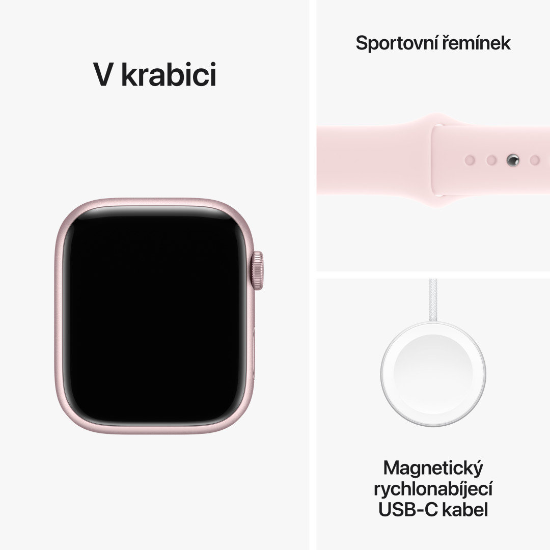 Apple Watch Series 9 45mm Růžový hliník se světle růžovým sportovním řemínkem - S/M