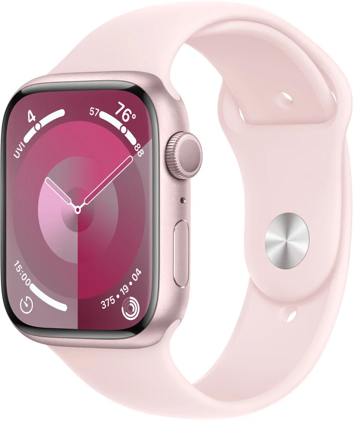 Apple Watch Series 9 45mm Růžový hliník se světle růžovým sportovním řemínkem - S/M