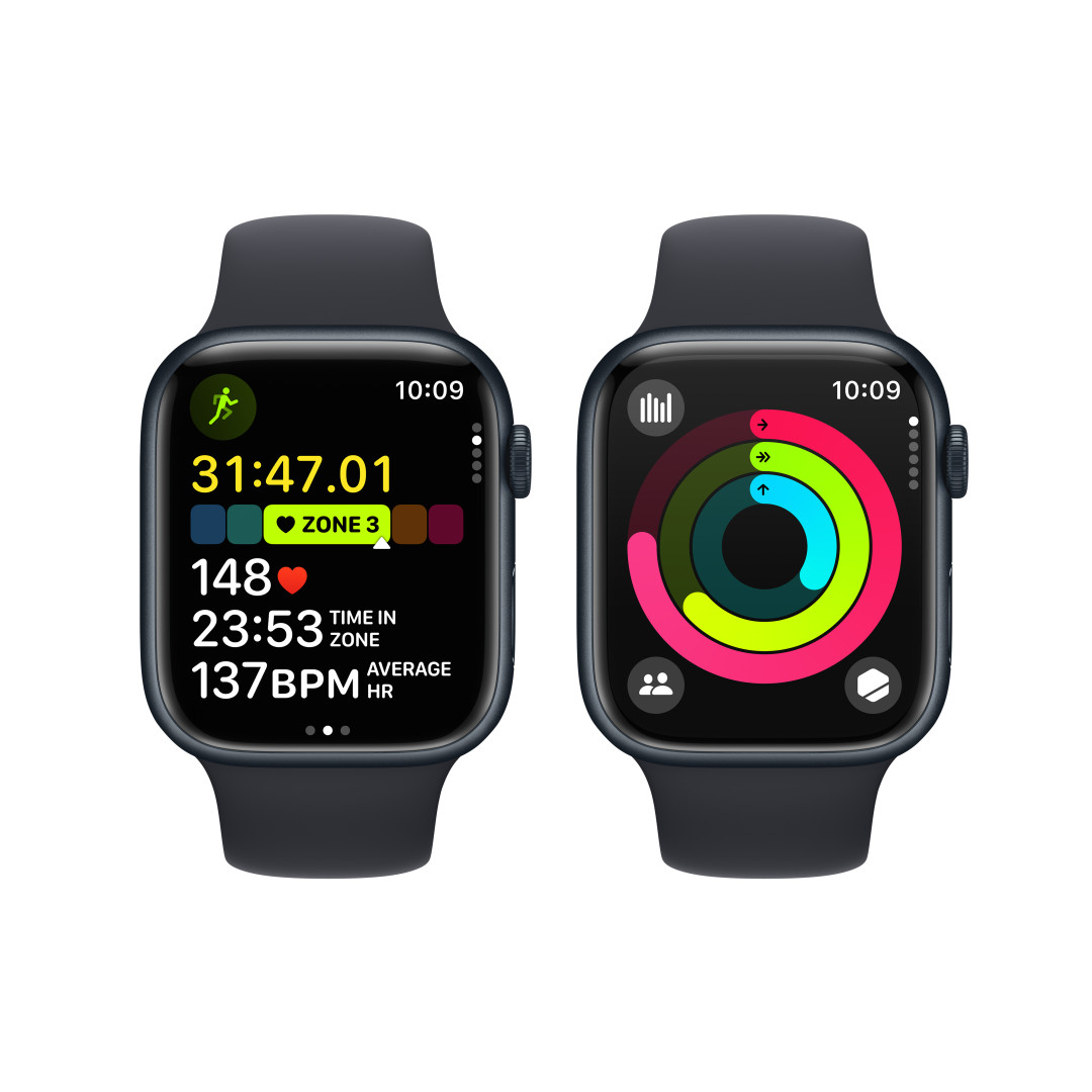Apple Watch Series 9 45mm Temně inkoustový hliník s temně inkoustovým sportovním řemínkem - S/M