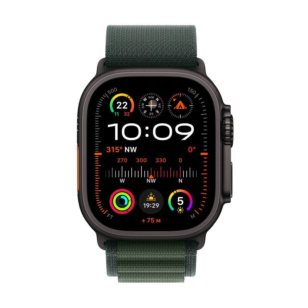Apple Watch Ultra 2 GPS + Cellular 49mm Black Titanium Case with Dark Green Alpine Loop - Small (MX4Q3CS/A)