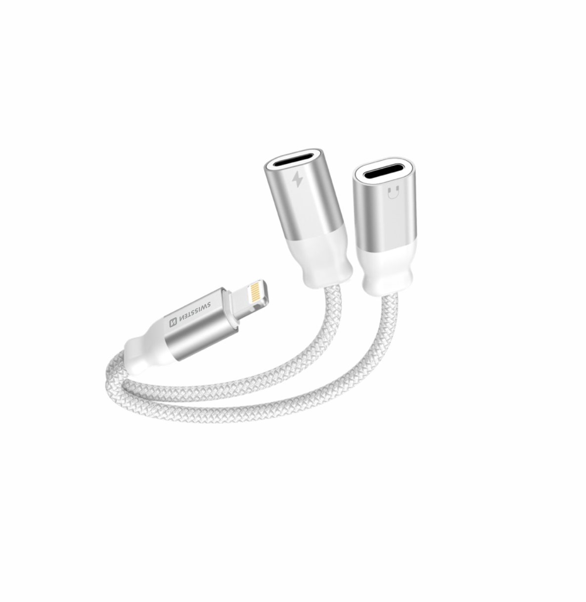Audio adaptér Swissten Lightning 2× Lightning, biely