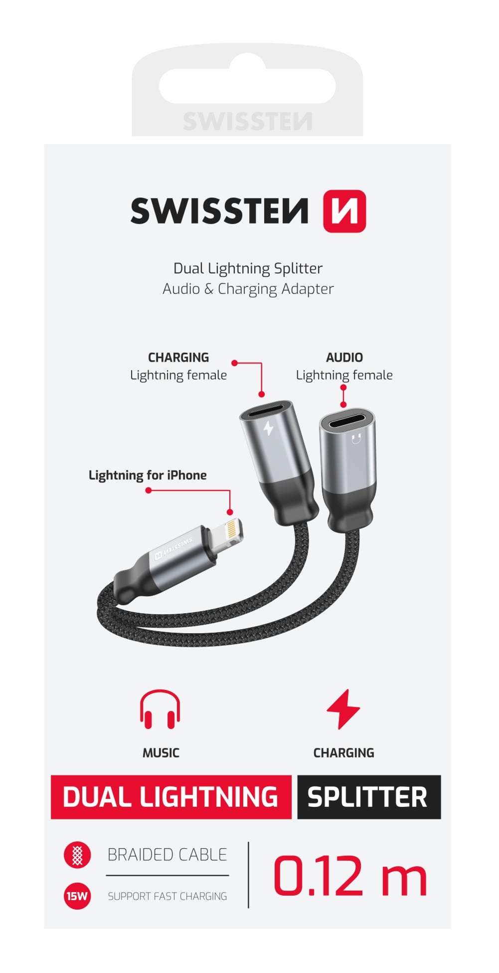 Audio adaptér Swissten Lightning 2× Lightning, čierny