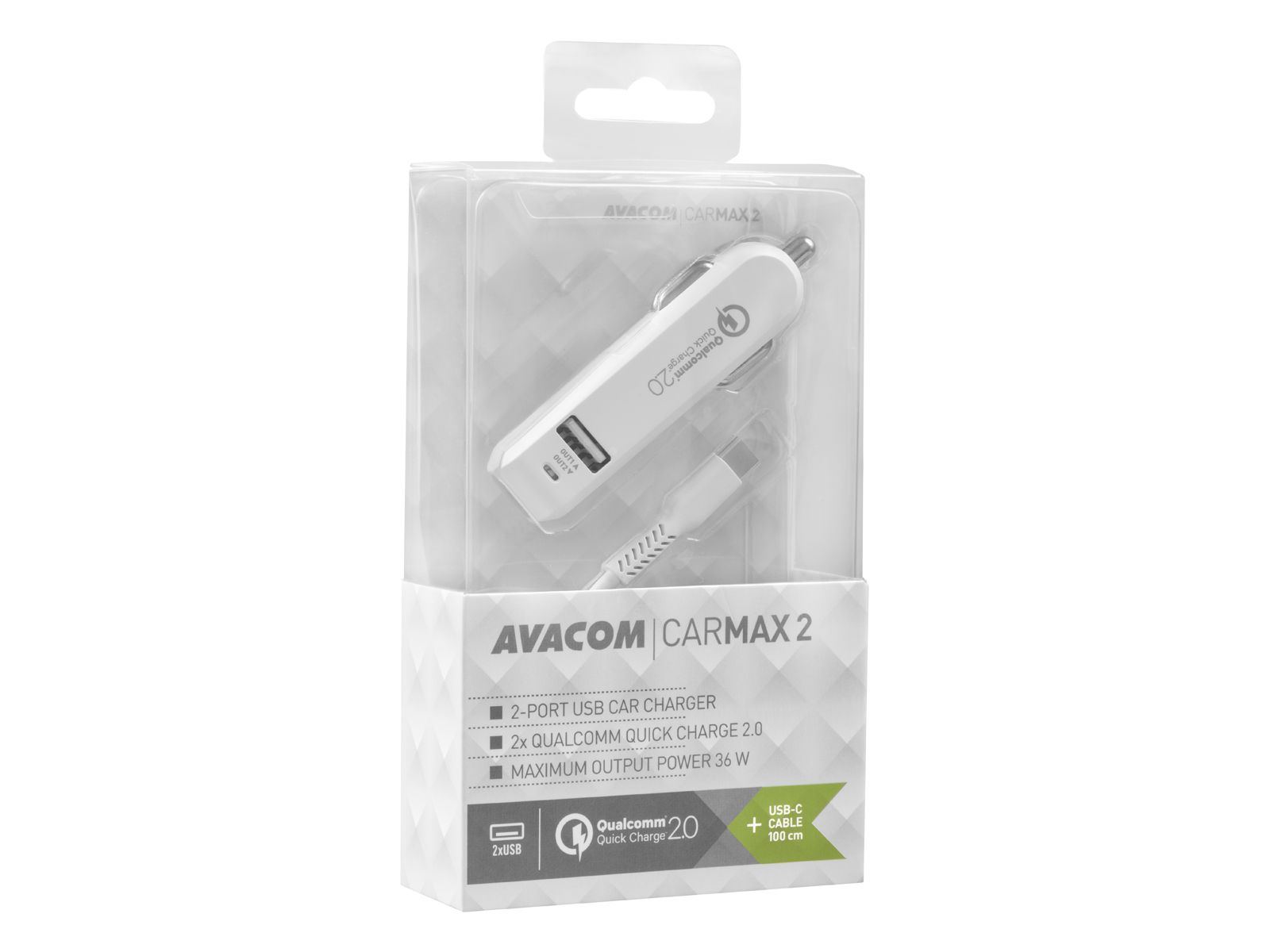 AVACOM CarMAX 2 nabíjačka do auta 2x Qualcomm Quick Charge 2.0, biela (kábel USB-C)