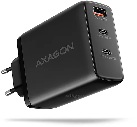 AXAGON ACU-DPQ100, GaN nabíječka do sítě 100W, 3x port (USB-A + dual USB-C), PD3.0/PPS/QC4+/Apple