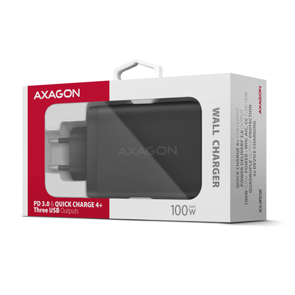 AXAGON ACU-DPQ100, sieťová nabíjačka GaN 100 W, 3x port (USB-A + dvojitý USB-C), PD3.0/PPS/QC4+/Apple