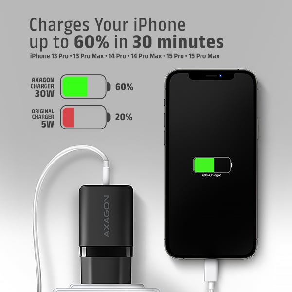 AXAGON ACU-PD30, sieťová nabíjačka 30 W, 1x port USB-C, PD3.0/PPS/QC4+/SFC/AFC/Apple, čierna