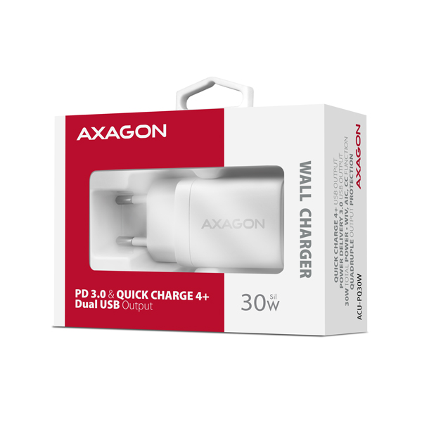 AXAGON ACU-PQ30W, napájacia nabíjačka 30 W, 2x port (USB-A + USB-C), PD3.0/PPS/QC4+/SFC/AFC/Apple, biela