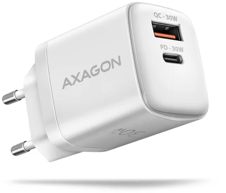 AXAGON ACU-PQ30W, napájacia nabíjačka 30 W, 2x port (USB-A + USB-C), PD3.0/PPS/QC4+/SFC/AFC/Apple, biela