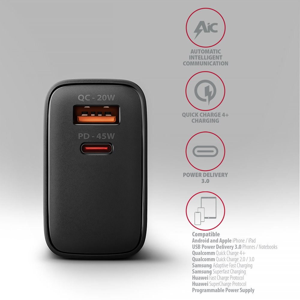 AXAGON ACU-PQ45 GaN sieťová nabíjačka 45 W, 2x port (USB-A + USB-C), PD3.0/PPS/QC4+/SFC 2.0/AFC/Apple