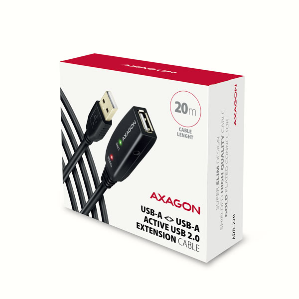 AXAGON ADR-220, USB 2.0 A-M -> A-F aktivní repeater kabel, 20m