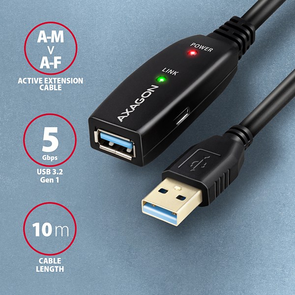 AXAGON ADR-310, aktívny predlžovací/opakovací kábel USB 3.2 Gen 1 A-M -> A-F, 10 m