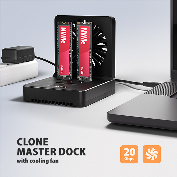 AXAGON ADSA-M2C22, dokovacia stanica USB-C s rýchlosťou 20 Gbps pre 2× SSD M.2 NVMe/SATA s funkciou klonovania